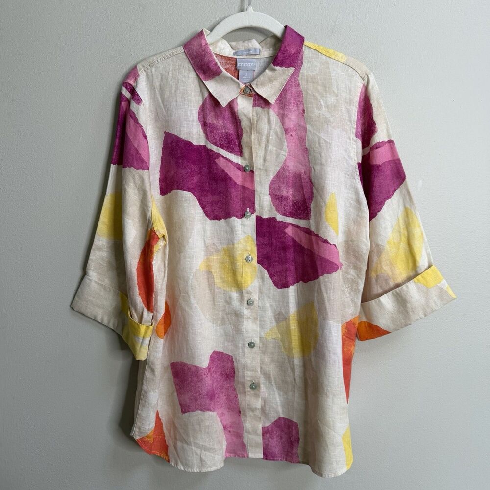 Chico's Botanic Berry Abstract Confetti No Iron Linen Button Down Shirt 2/Large